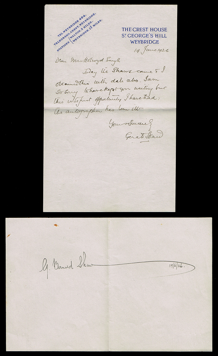 1926 George Bernard Shaw autograph signature. Signed 'G. Bernard Shaw' and dated 19/6/26 on a slip