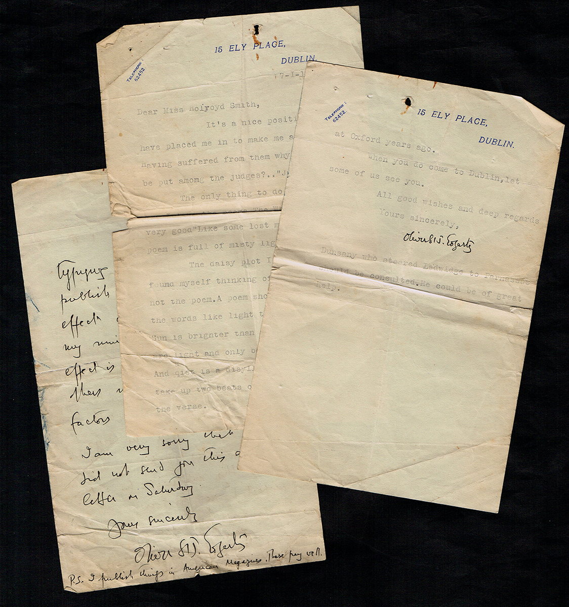 1932 (7 January and 1 February) Letters from Oliver St John Gogarty to Alice Holroyd Smyth.