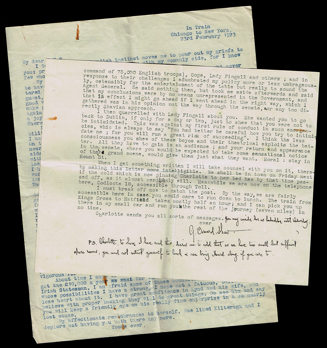 1923 (February) Correspondence between Sir Horace Plunkett and George Bernard Shaw after the burning