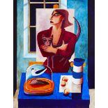 Graham Knuttel (b.1954)WOMAN WITH STILL LIFE oil on canvas signed lower right 48 by 36in. (121.9