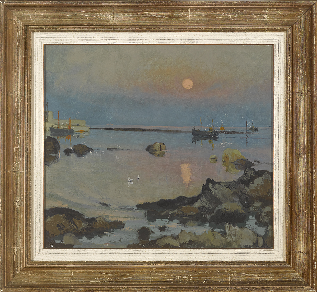 Patrick Leonard HRHA (1918-2005)MOON OVER RUSH HARBOUR oil on canvas signed on reverse 16 by - Image 2 of 2