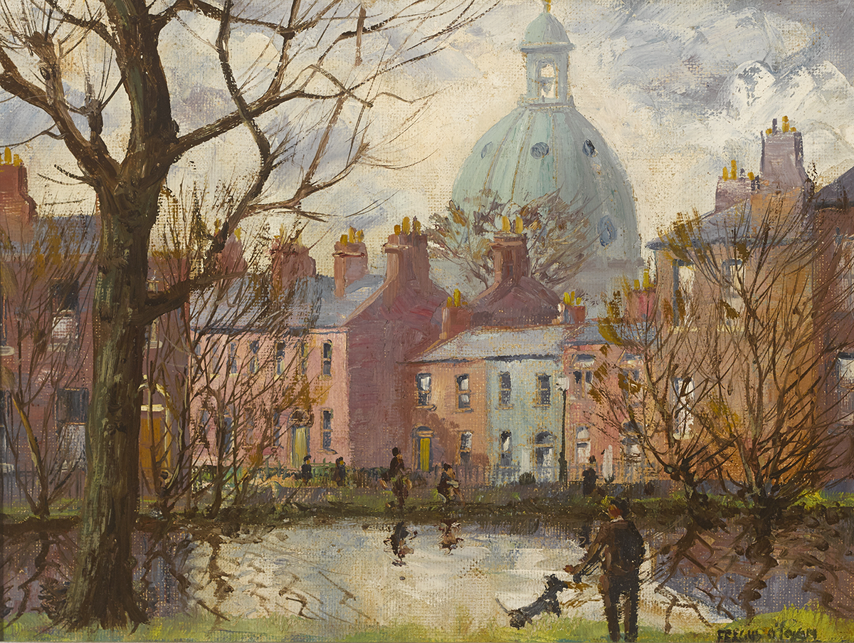 Fergus O'Ryan RHA (1911-1989)CHURCH OF MARY IMMACULATE FROM THE GRAND CANAL, DUBLIN oil on board