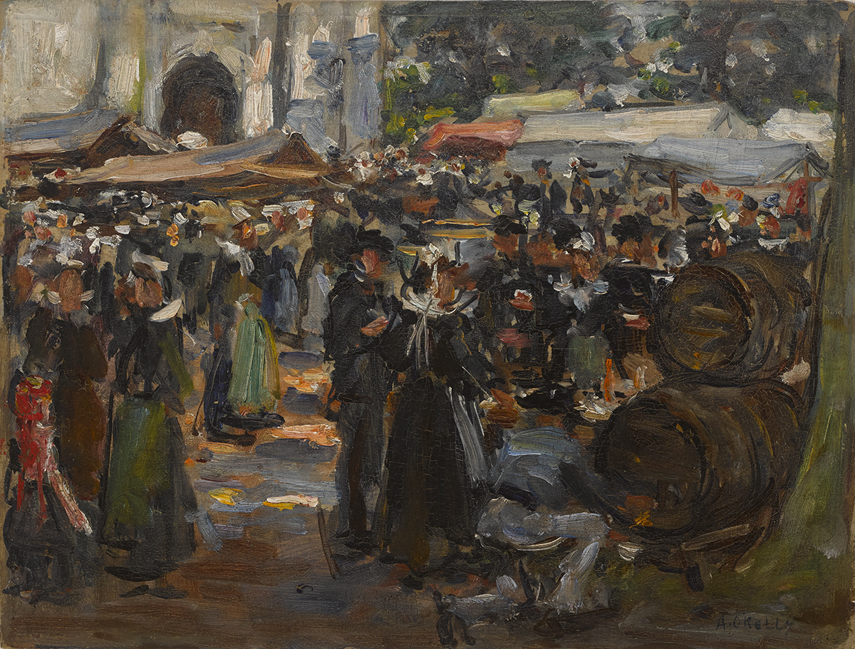 Aloysius C. O'Kelly (1853-1936)A FÊTE AT CONCARNEAU, FRANCE oil on bowed panel signed lower right