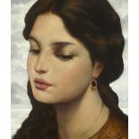 Ken Hamilton (b.1956)GIRL WITH A RUBY EARRING oil on board signed with monogram lower right 11.75 by