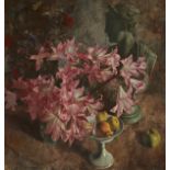 Patrick Hennessy RHA (1915-1980)STILL LIFE WITH PINK LILLIES, FRUIT AND BUST oil on canvas 27 by