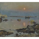 Patrick Leonard HRHA (1918-2005)MOON OVER RUSH HARBOUR oil on canvas signed on reverse 16 by