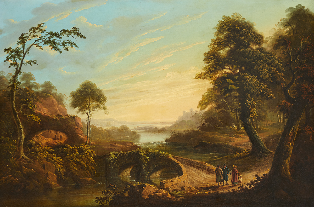 19th Century English School FIGURES BEFORE A BRIDGE WITH CASTLE AND LAKE IN THE DISTANCE oil on