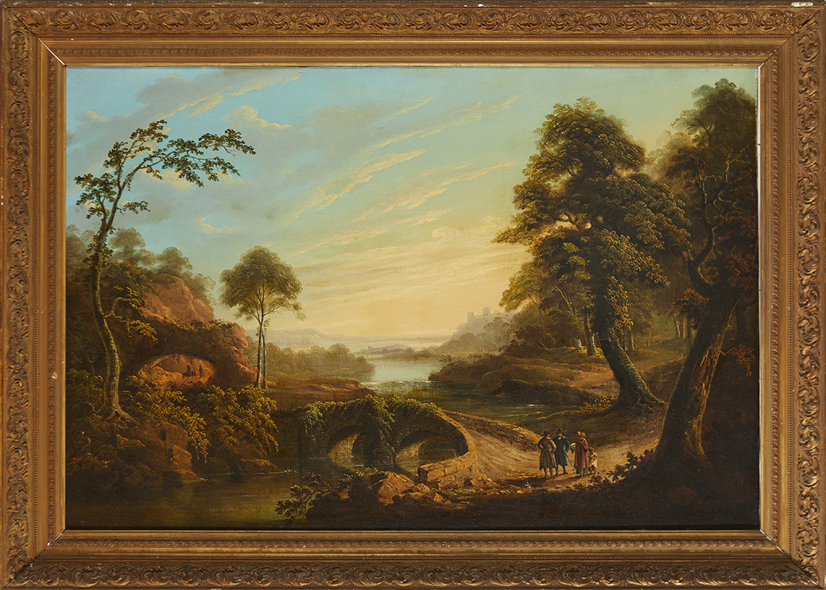 19th Century English School FIGURES BEFORE A BRIDGE WITH CASTLE AND LAKE IN THE DISTANCE oil on - Image 2 of 2