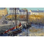 Ivan Sutton (b.1944)GALWAY HOOKERS BERTHED AT ROUNDSTONE PIER, COUNTY GALWAY oil on board signed