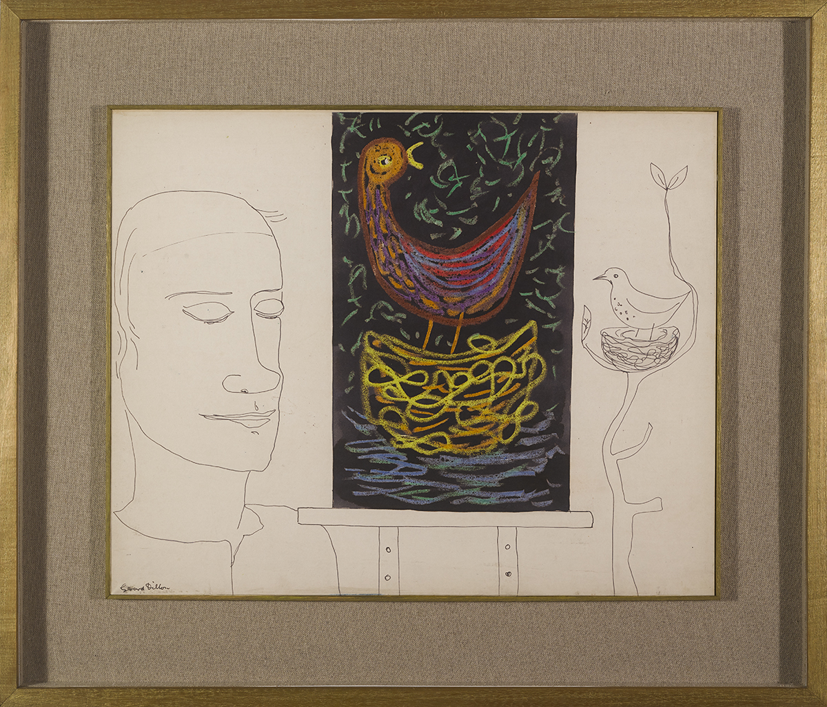 Gerard Dillon (1916-1971)THE ARTIST WITH PAINTING OF BIRD ink, watercolour and crayon signed lower - Image 2 of 3