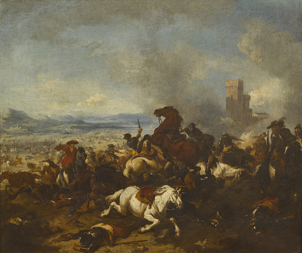 Attributed to Jacques Courtois (1621 - 1676) BATTLE SCENE, c.1670 oil on canvas 22 by 27in. (55.9 by