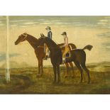 English School Early 19th Century TWO RACEHORSES WITH JOCKEYS UP oil on panel 15 by 21in. (38.1 by