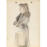 Jack Butler Yeats RHA (1871-1957) YOUNG WOMAN WEARING A MUFF, 1899 watercolour and pencil 5 by 3.