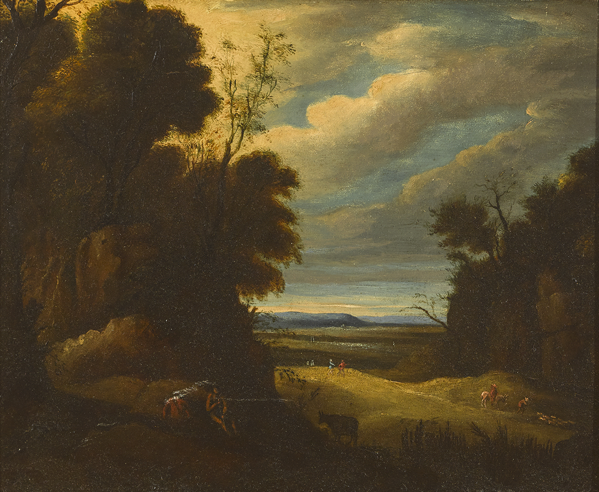 After Cornelis van Poelenburgh (Dutch, 1586-1667) A WOODED LANDSCAPE WITH FIGURES AND ANIMALS oil on