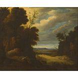 After Cornelis van Poelenburgh (Dutch, 1586-1667) A WOODED LANDSCAPE WITH FIGURES AND ANIMALS oil on