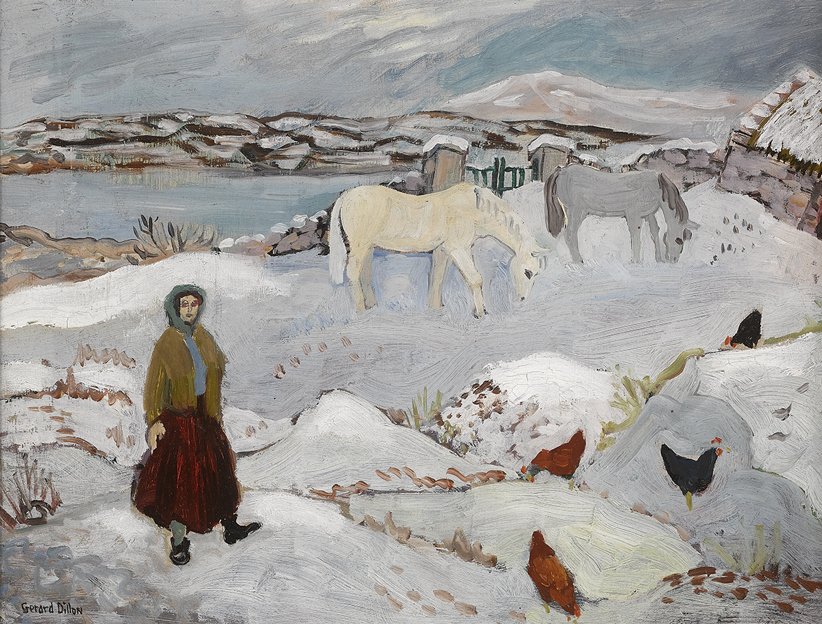 Gerard Dillon (1916-1971) SNOW IN CONNEMARA oil on board signed lower left; with typed label on