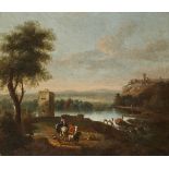 Irish School mid 18th Century LANDSCAPE WITH FIGURES AND ANIMALS IN THE FOREGROUND AND RIVER AND