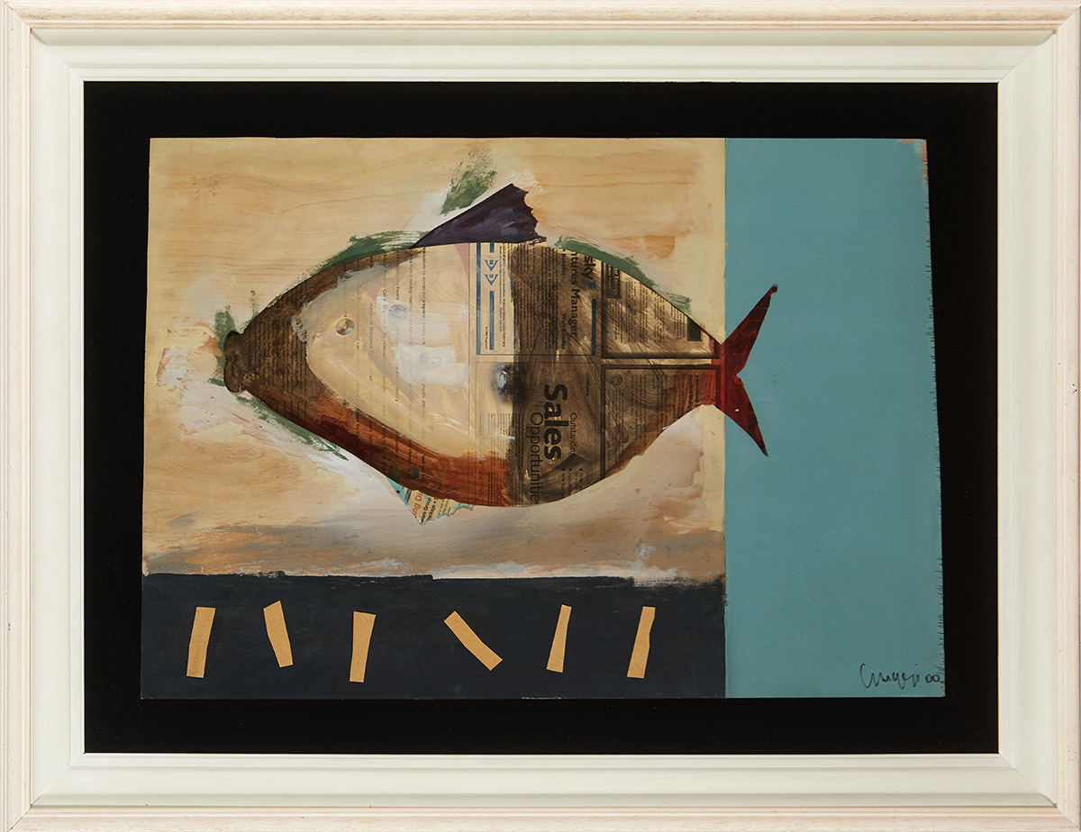 Guggi (b.1959) FISH AND CHIPS, 2000 oil and collage element on board signed and dated lower right; - Image 2 of 3