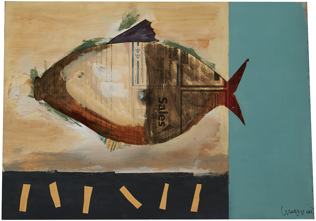 Guggi (b.1959) FISH AND CHIPS, 2000 oil and collage element on board signed and dated lower right;