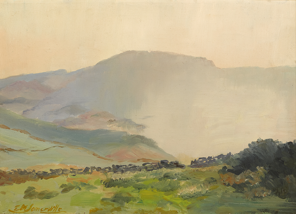 Edith Oenone Somerville (1858-1949) SUNSET, MIST AND MOUNTAINS, c. 1927 oil on canvas signed lower