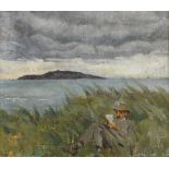 Estella Frances Solomons HRHA (1882-1968) SEAMUS READING WITH LAMBAY ISLAND IN THE DISTANCE,