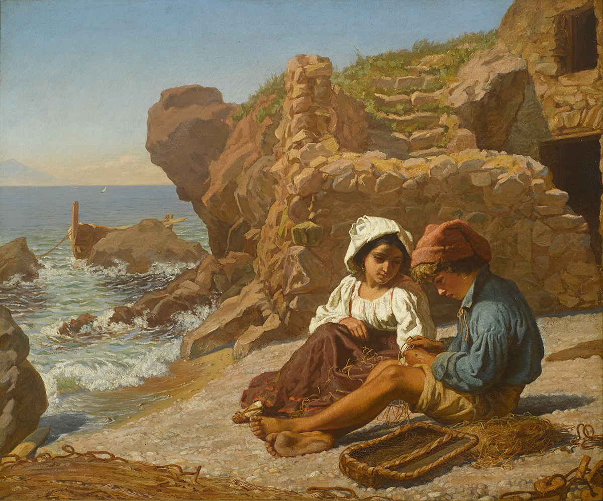Michael George Brennan (1839-1871) MENDING NETS, c.1860s oil on canvas 17 by 20.50in. (43.2 by 52.