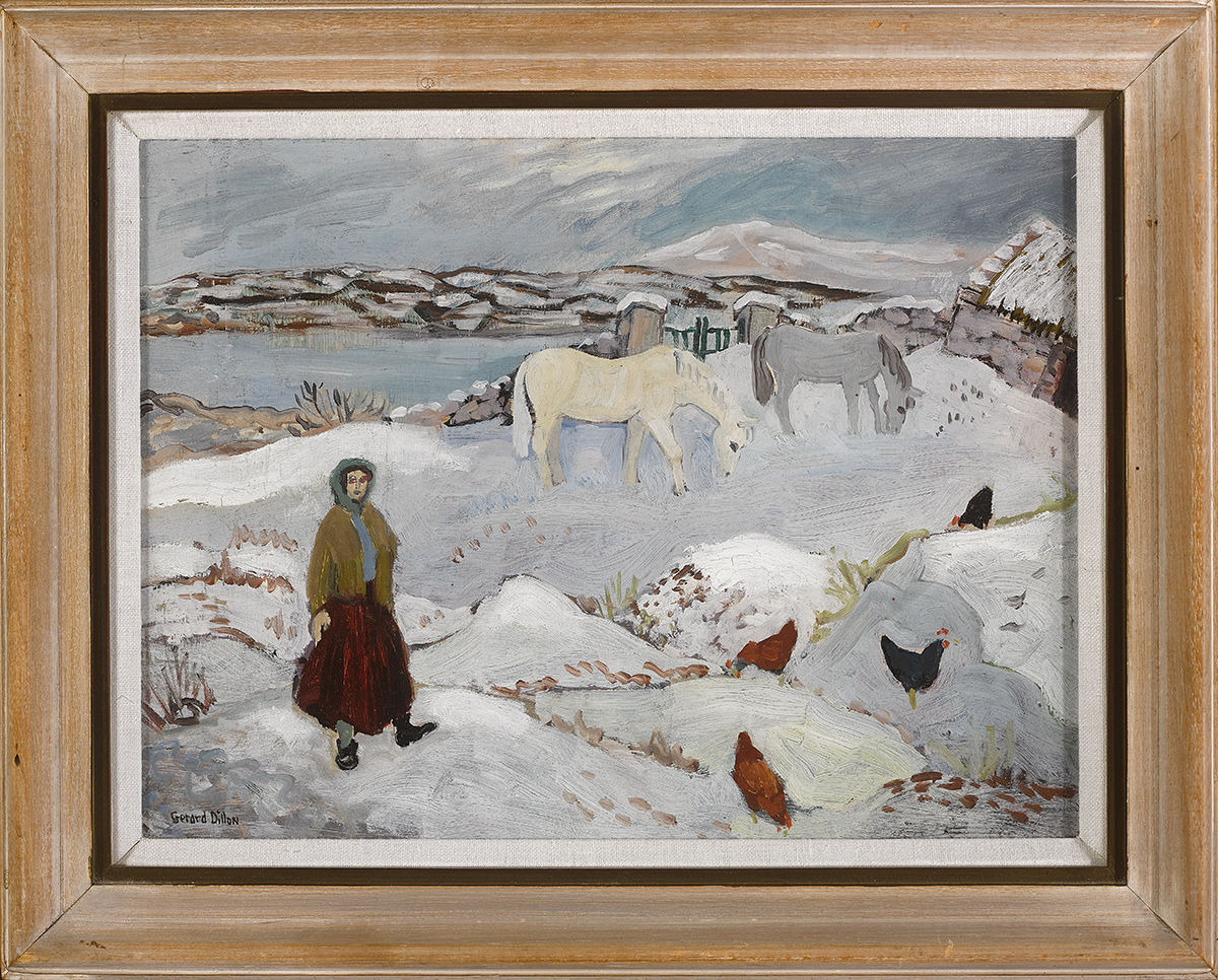 Gerard Dillon (1916-1971) SNOW IN CONNEMARA oil on board signed lower left; with typed label on - Image 2 of 3