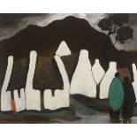 Markey Robinson (1918-1999) TWO FIGURES AND COTTAGES oil on board signed lower right 20.50 by 25.