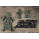 Three Small Medieval Pilgrim Badges and a casket mount cast with dancing figures. 13th-15th century.