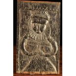 A 16th Century Riven Oak Panel carved with woman wearing a high ruff collar,