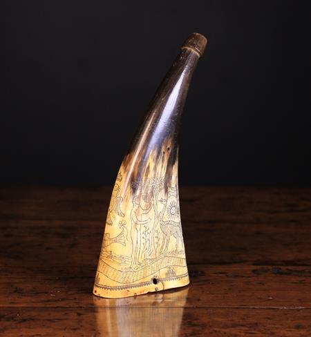 A 17th Century Engraved Horn Powder Flask, probably German.