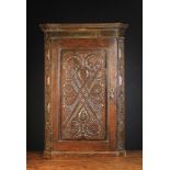 A Fine 18th Century Oak Hanging Corner Cupboard with 17th century Westmorland style carving.