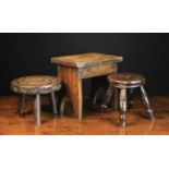 Three Small Country Stools: A 19th Century boarded elm stool with rectangular top above frieze