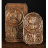 Two 16th Century Carved Oak Romayne Panels (A/F): One having rounded corners bordering the female