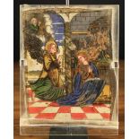 A Reverse Painting on Glass, Swiss, 16th Century. Depiction of 'The Annunciation'.