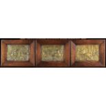 Three 19th Century Embossed Gilt Copper Plaques depicting 16th century hunting scenes,