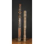 Two Ornamental Oak Pilasters: One 17th century elaborately carved with a caryatid rising above