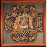 A Late 17th/Early 18th Century Embroidery Panel depicting a crowned figure in a draped canopy with