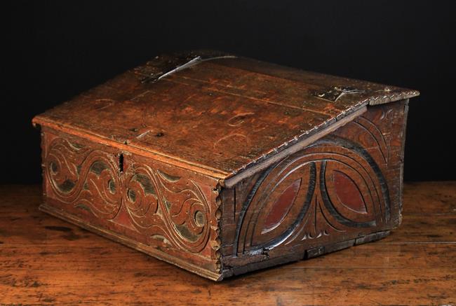 A Mid 17th Century Carved & Polychromed Oak Desk Box.