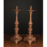 A Pair of Carved Baroque Style Wooden Pricket Candlesticks,19th Century.