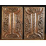 A Fine Pair of Early 16th Century Carved Oak Parchemin Panels enriched with vine leaf,