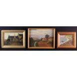 Three Framed Naïve Paintings: A coastal scene with beached sailing boats painted on board 6¼ ins x