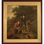 An 18th Century Oil on Canvas; Three youths in woodland whittling sticks.