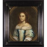 A 17th Century Style Oil on Canvas: Head & Shoulders Portrait of a young woman in an embellished