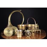 A Collection of Brassware: A coiled hunting horn, a ornamental miniature cannon on carriage,