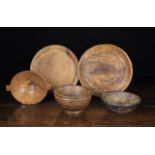 Three Antique Treen Bowls & Two Plates. An ash bow with lug handles, 2½ in (6.