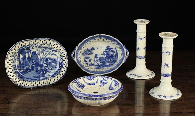 A Group of Blue & White Transfer Printed Ceramics: A Pair of Minton Blue & White Candlesticks