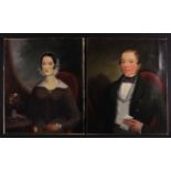 A Pair of Naïve 19th Century Portrait Paintings on Canvas depicting a man holding a letter and