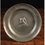 A Small 18th/ 19th Century Pewter Alms Dish with central embossed portrait medallion encircled by a