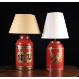 A Tôleware Tea Canister Lamp with chinoiserie style label above '16' and decorative gilt banded